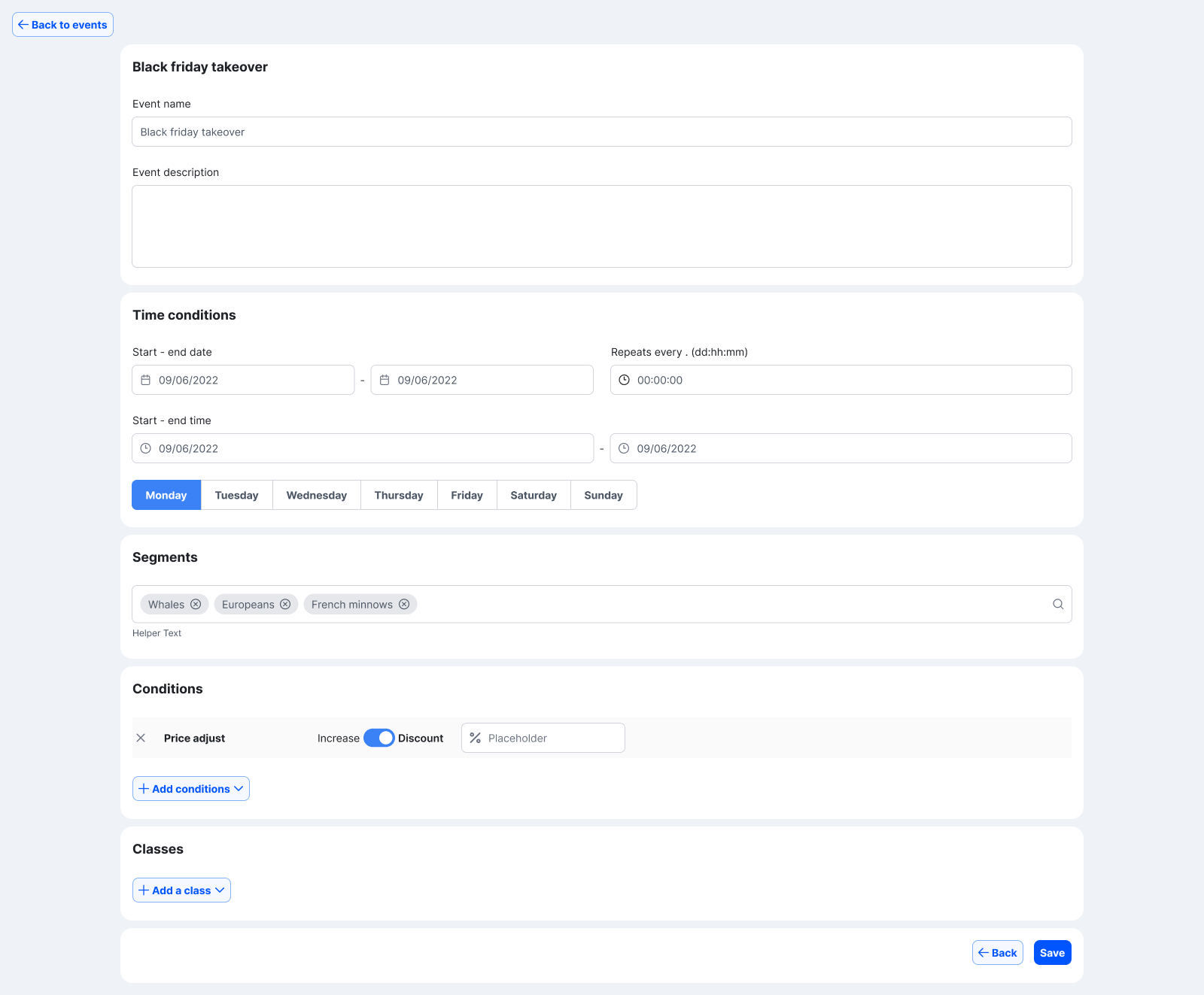 Event configuration screen with schedule, segments, conditions, and classes
