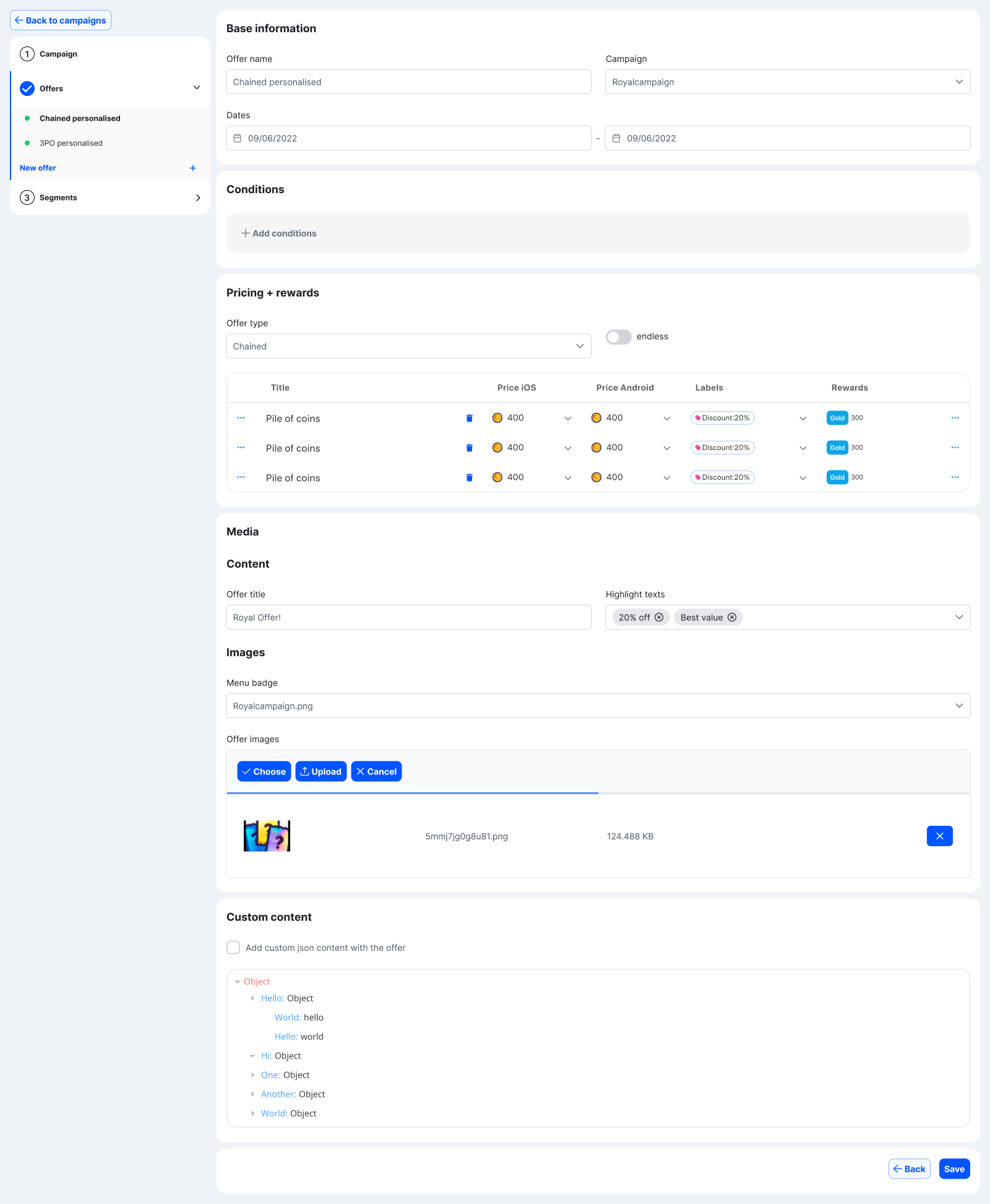 Offer builder with pricing and rewards configuration