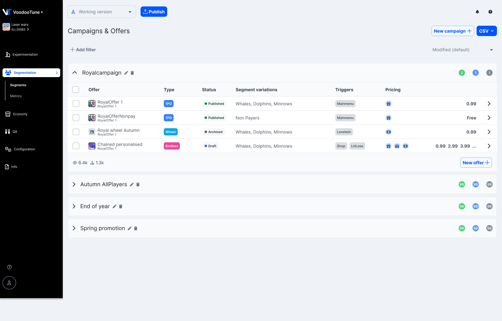 Campaign and offer list view inside the internal game economy tooling