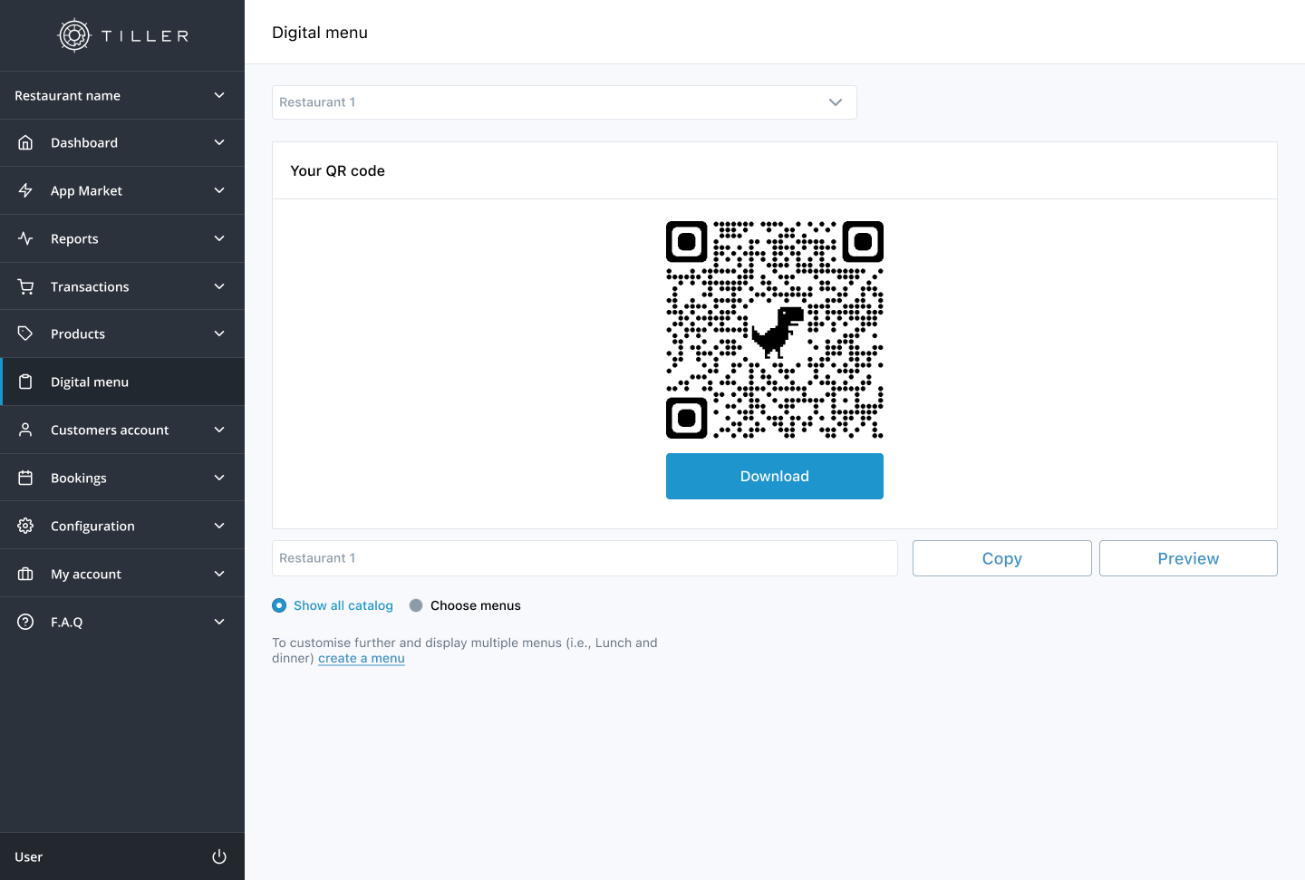 Early QR menu configuration screen