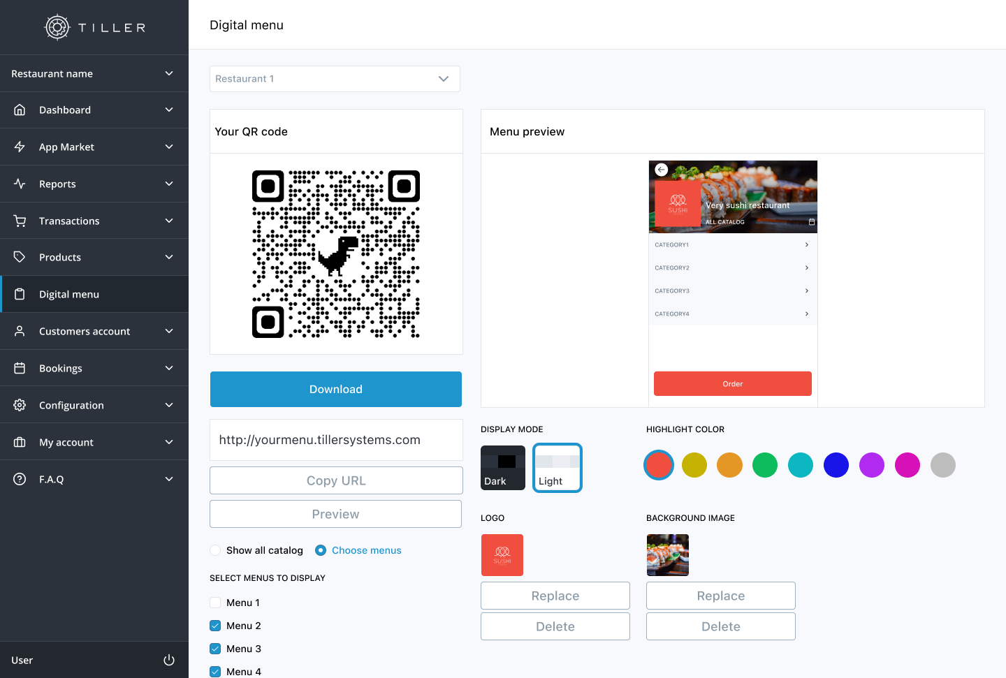 Configuration screen for the QR ordering system with branding and menu controls