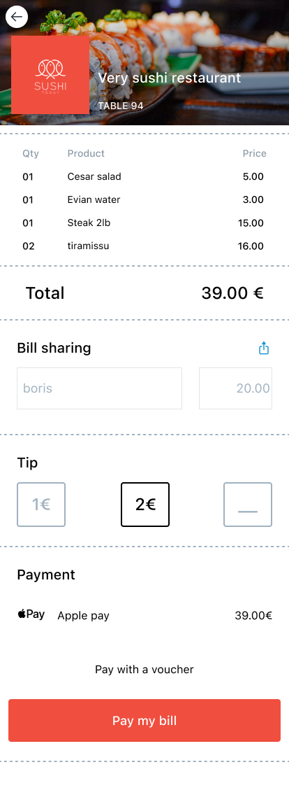 Payment flow inside the digital menu experience