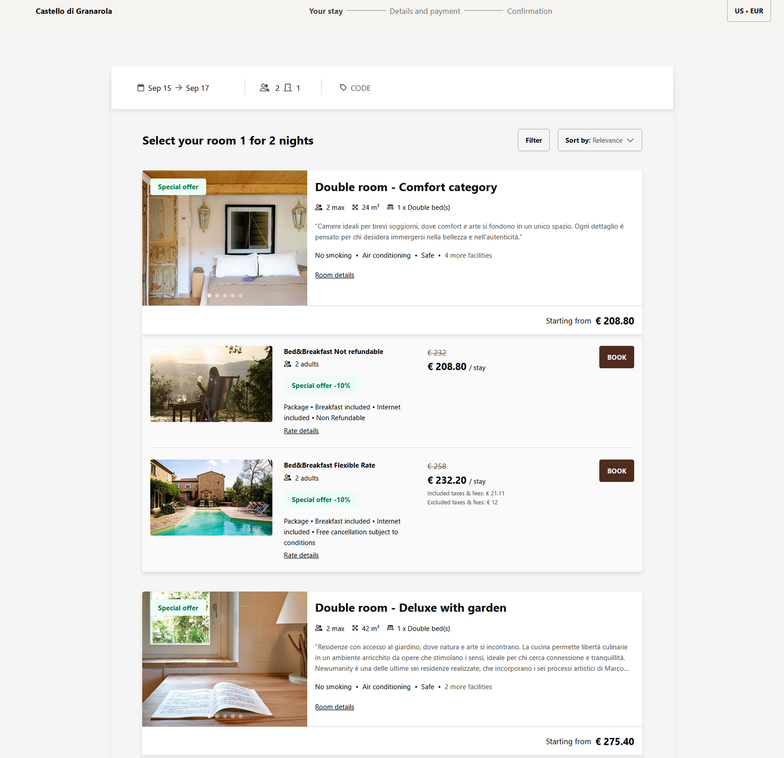 Live booking engine example on a hotel website